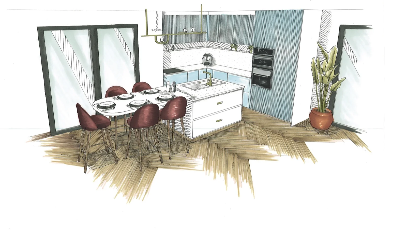Perspective dessinée à la main de la cuisine : îlot central blanc avec évier, table ovale et chaises bordeaux, façades cannelées bleu-vert, fours encastrés et parquet à bâtons rompus