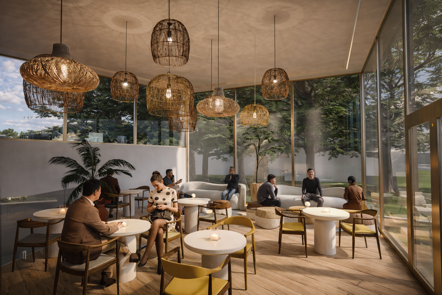 Salon-café lumineux ouvert sur un parc arboré par de grandes baies vitrées, nombreuses suspensions en fibre tressée, tables rondes blanches et assises courbes crème