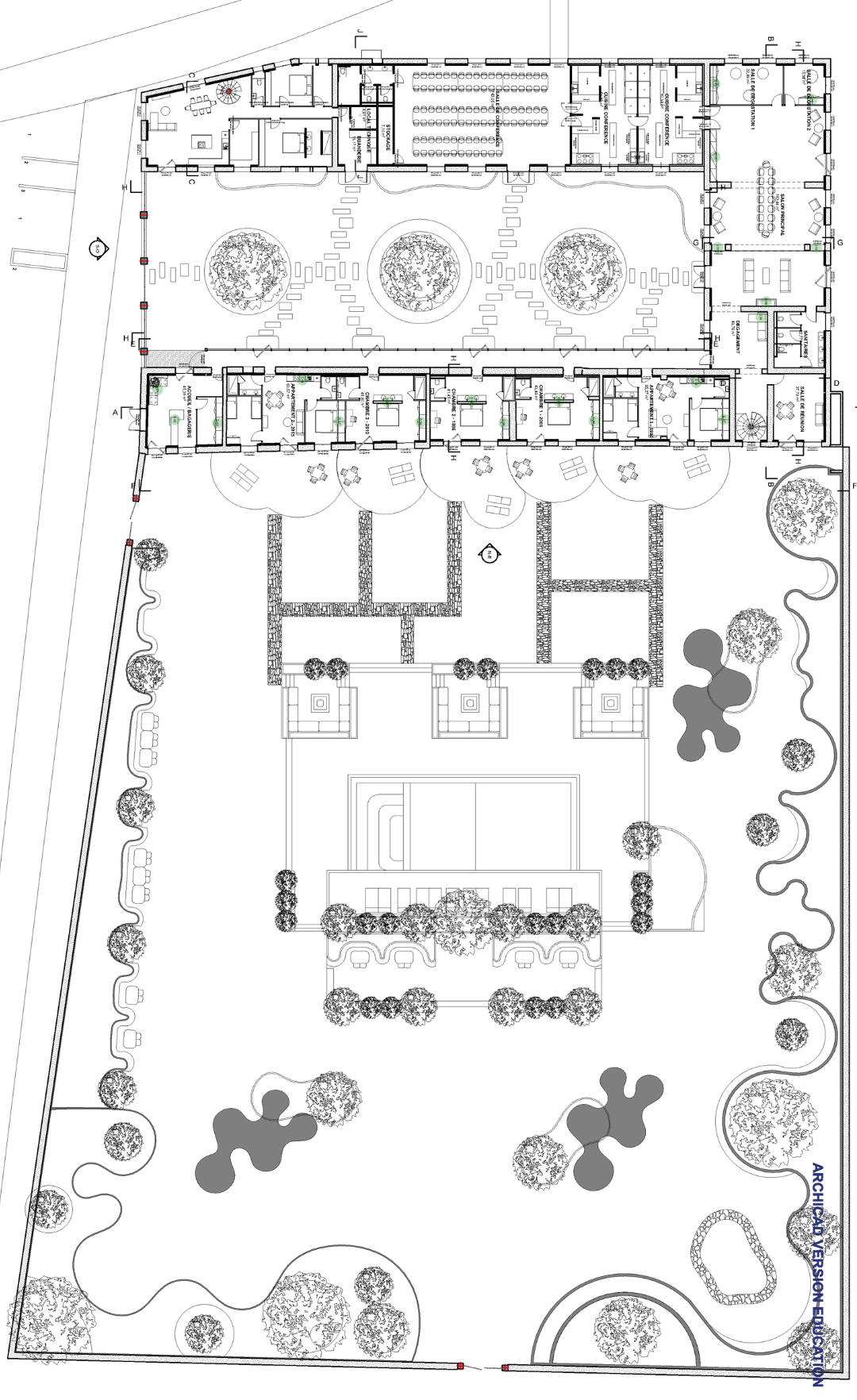 Plan masse du domaine de Chantegrive : bâtiment, cour intérieure et jardins paysagers