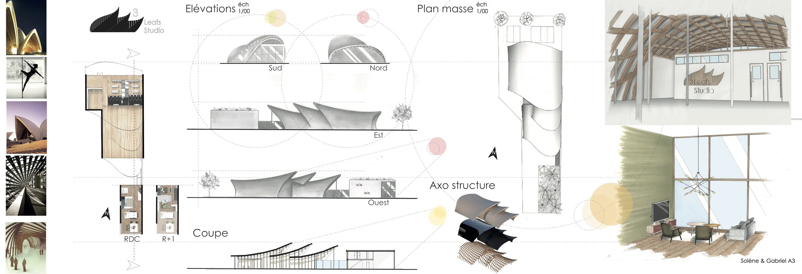 Planche de projet du studio de danse « 3 Leafs Studio » : élévations, plan masse, coupe, axonométrie de la structure et perspectives intérieures
