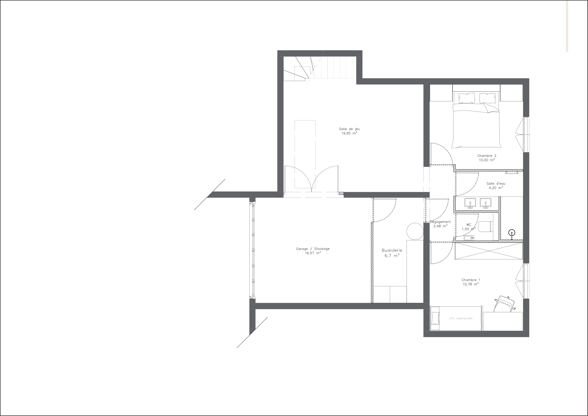 Plan du niveau R-1 de La Youte : garage / stockage, salle de jeu, buanderie, deux chambres, salle d’eau et WC