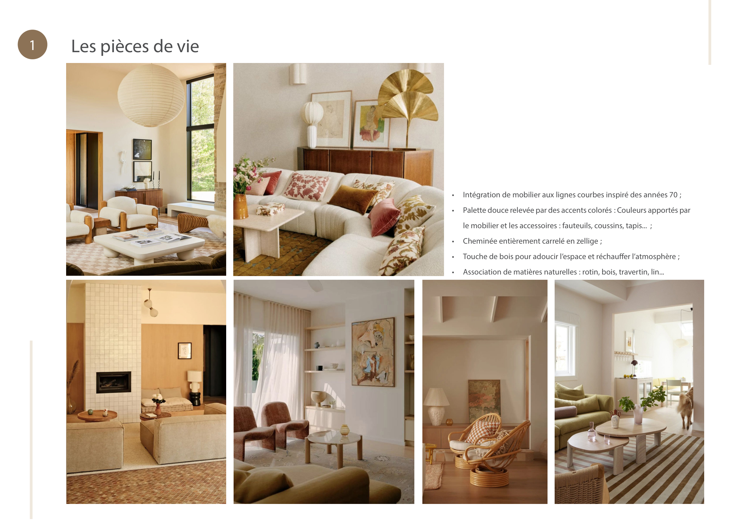 Planche d’ambiance « Les pièces de vie » : mobilier aux lignes courbes inspiré des années 70, palette douce, cheminée en zellige et matières naturelles