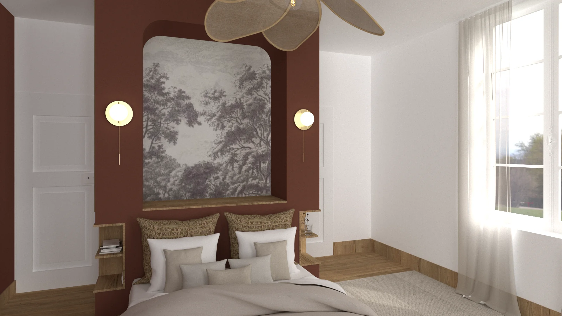 Chambre au mur bordeaux : niche arrondie tapissée d’un panoramique d’arbres, appliques en laiton et literie beige