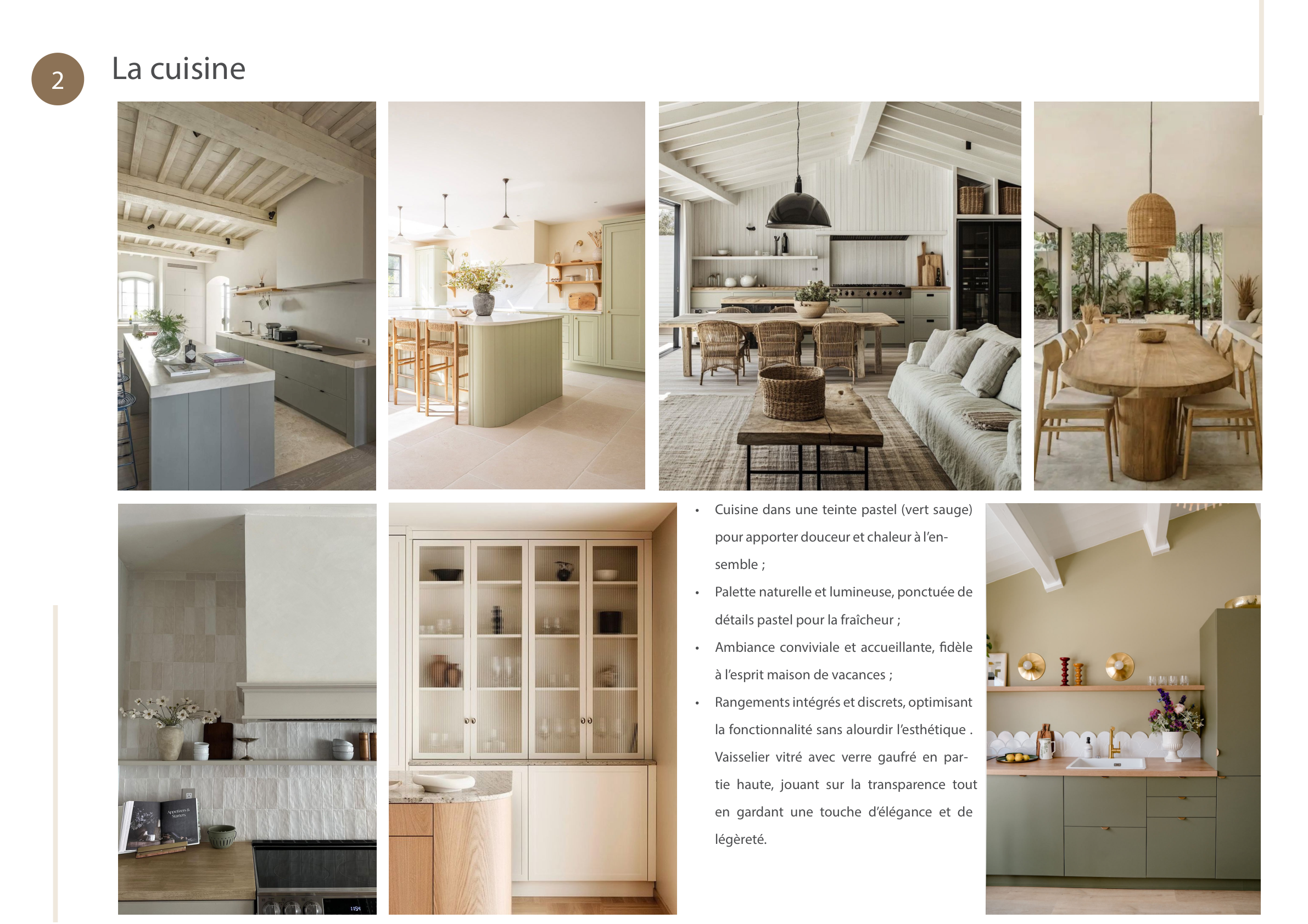 Planche d’ambiance « La cuisine » : teinte vert sauge, palette naturelle et lumineuse, vaisselier vitré et matières bois et pierre