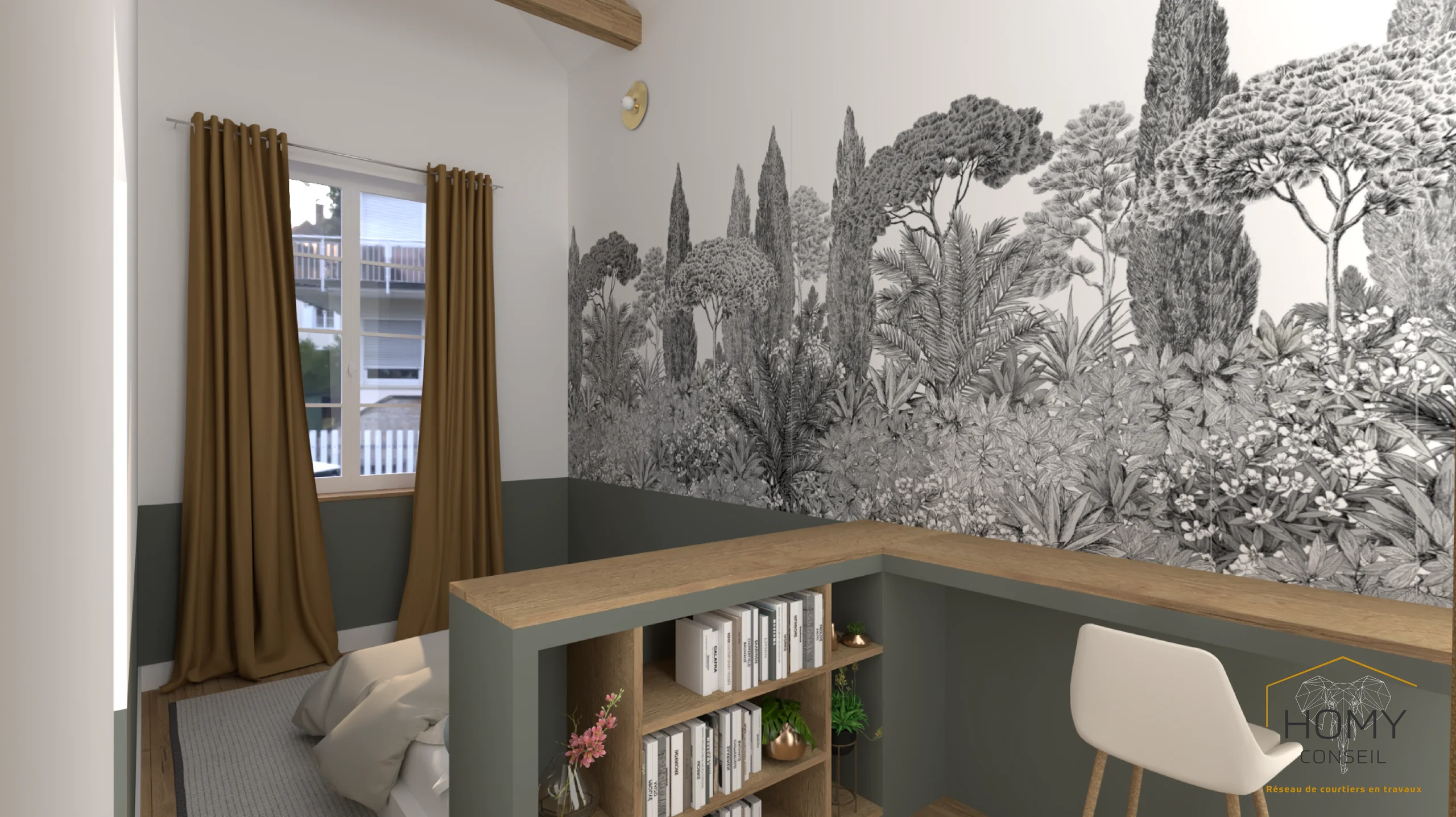 Coin bureau de la chambre : panoramique végétal en noir et blanc, soubassement vert olive, plan de travail d’angle en bois, bibliothèque basse et chaise blanche