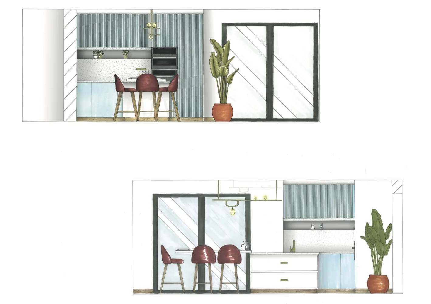 Élévations dessinées de la cuisine : deux murs développés montrant les rangements cannelés bleu-vert, la crédence en terrazzo, la suspension en laiton et la baie vitrée