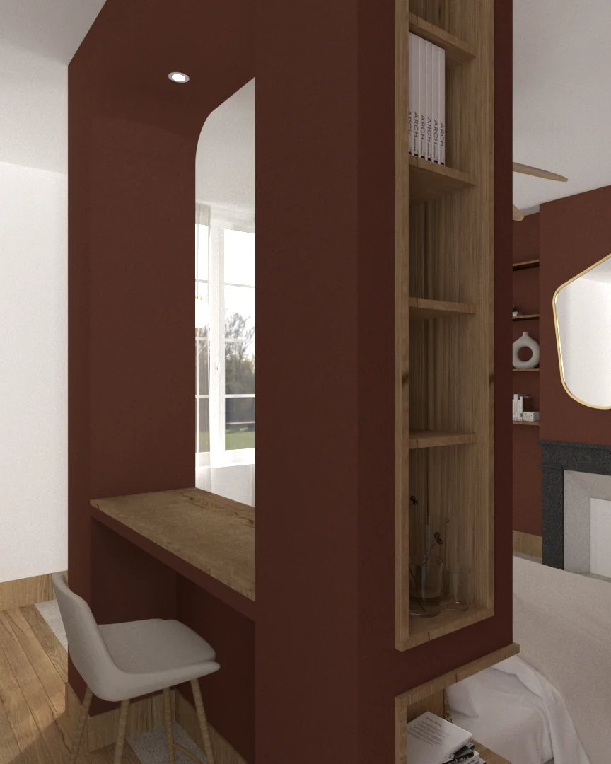 Détail de la cloison-bureau bordeaux : tablette en bois, chaise blanche, niches d’étagères garnies de livres et miroir doré au second plan