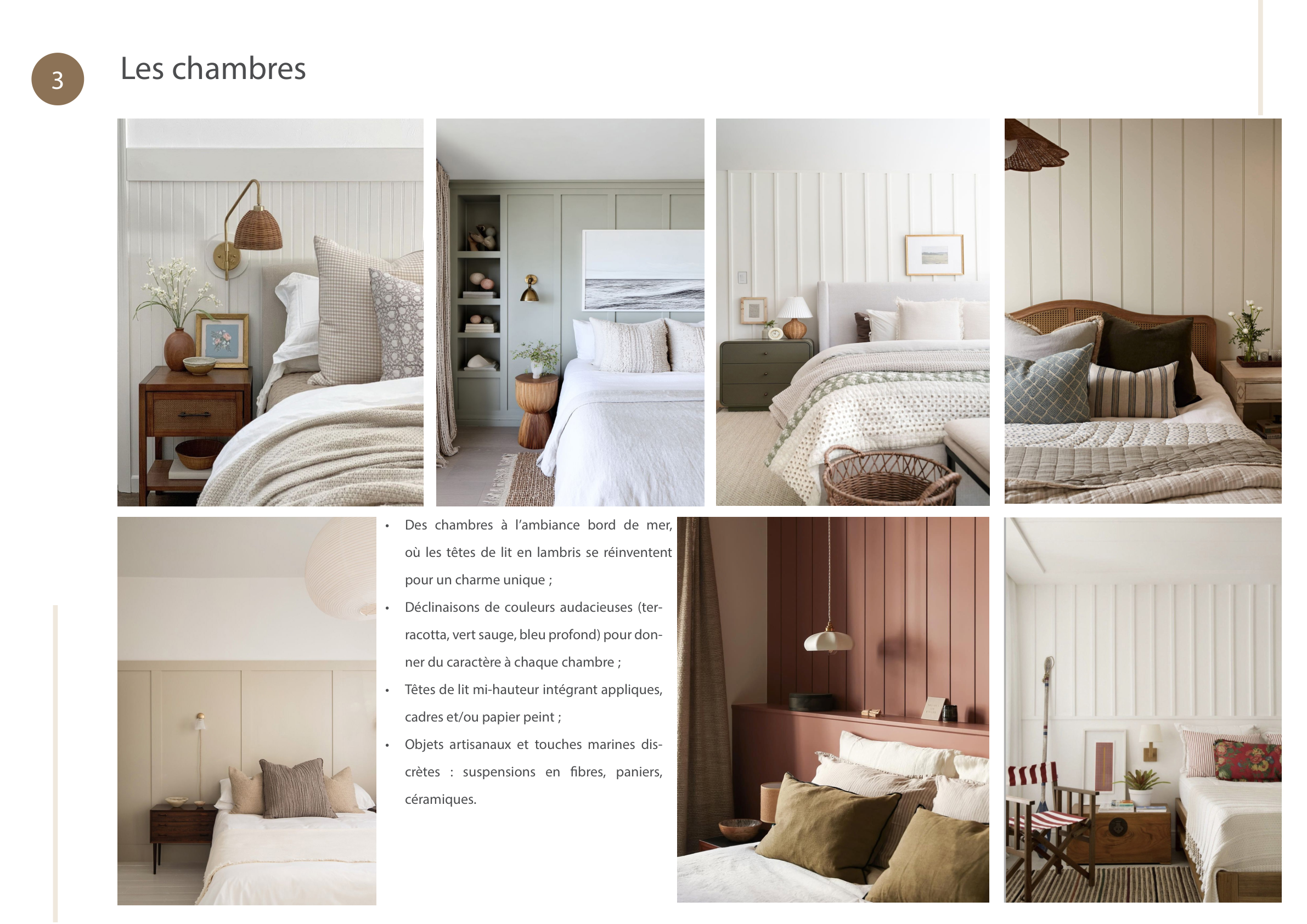 Planche d’ambiance « Les chambres » : têtes de lit en lambris, accents terracotta, vert sauge et bleu profond, objets artisanaux et touches marines