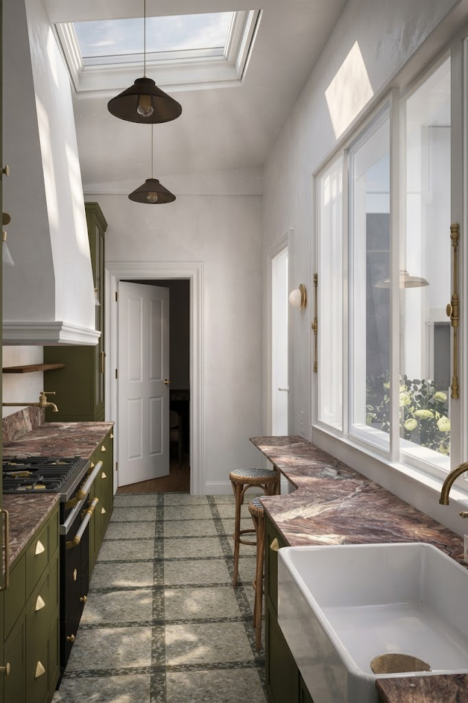 Cuisine en enfilade ouvrant sur un couloir, double verrière de toit, évier en pierre sous la fenêtre et sol en terrazzo