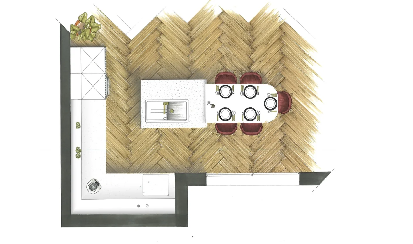 Plan de la cuisine vu de dessus : implantation en L, îlot central avec évier, table ovale et parquet à bâtons rompus