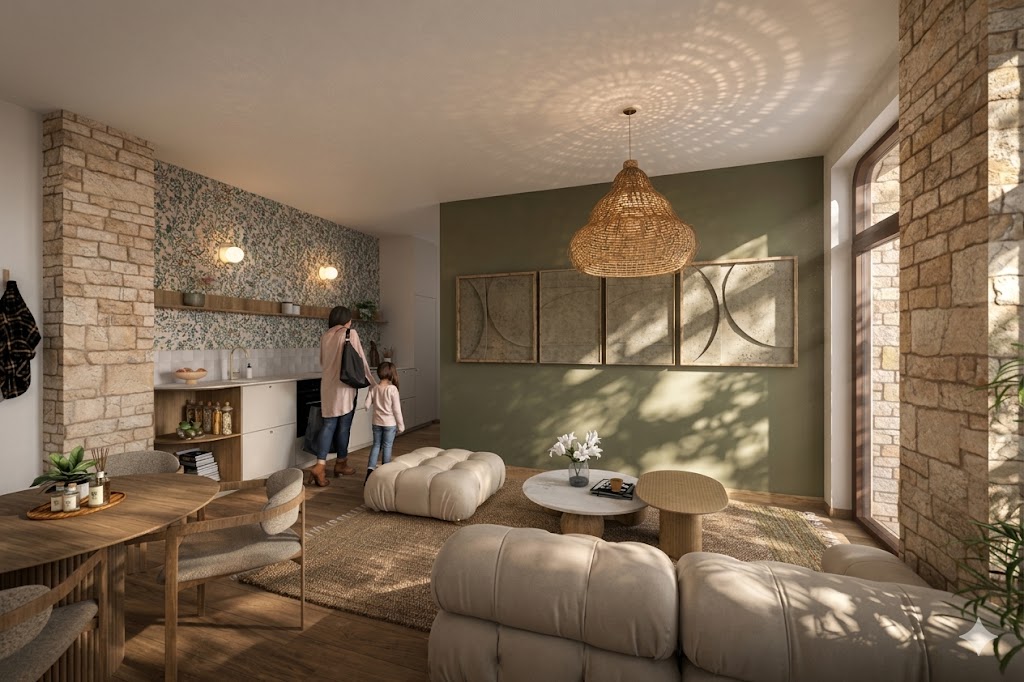 Séjour ouvert du chai rénové : piliers en pierre, coin cuisine à crédence fleurie, canapé modulable crème, suspension en rotin et mur vert olive orné de panneaux