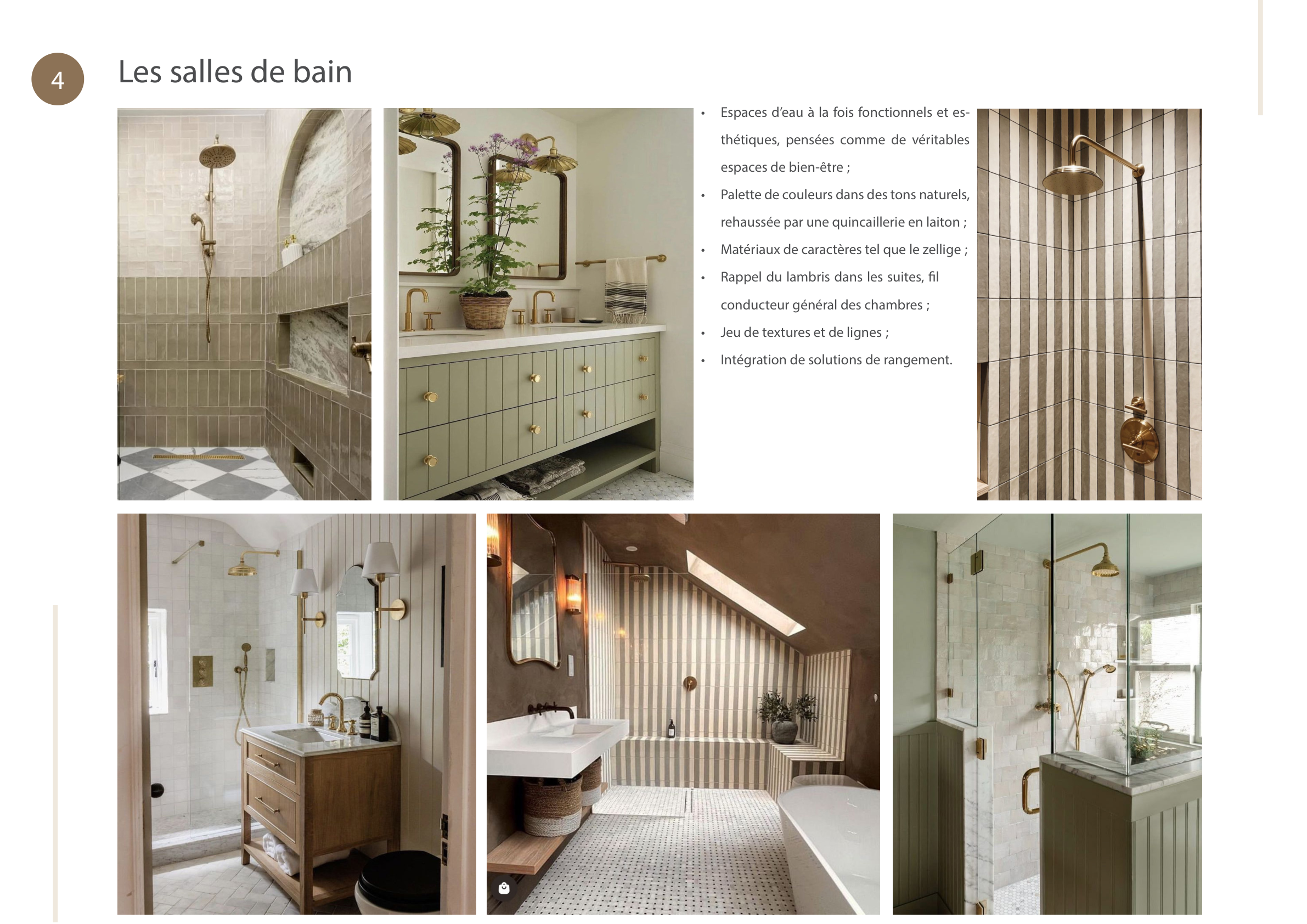 Planche d’ambiance « Les salles de bain » : zellige, quincaillerie en laiton, tons naturels et jeux de textures et de lignes