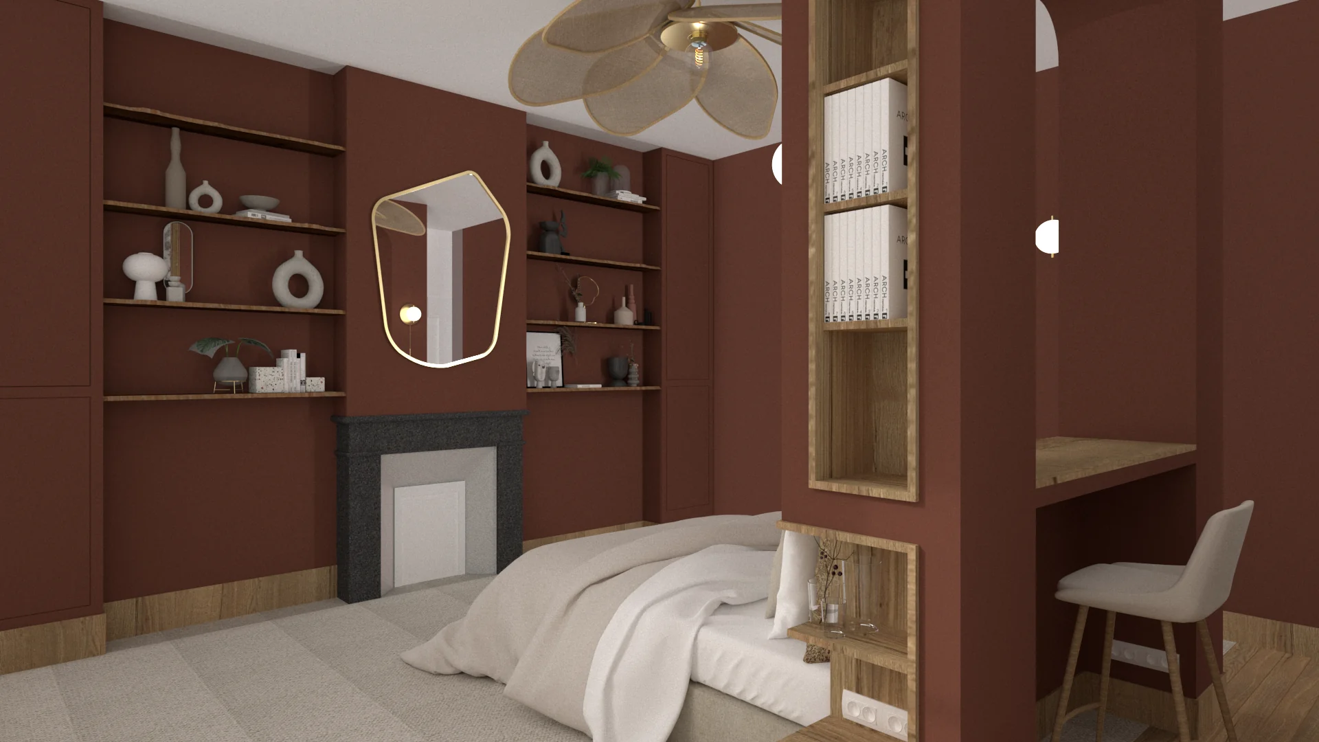 Chambre bordeaux : cheminée en pierre sombre, miroir organique doré, étagères en bois garnies d’objets et lit habillé de lin clair