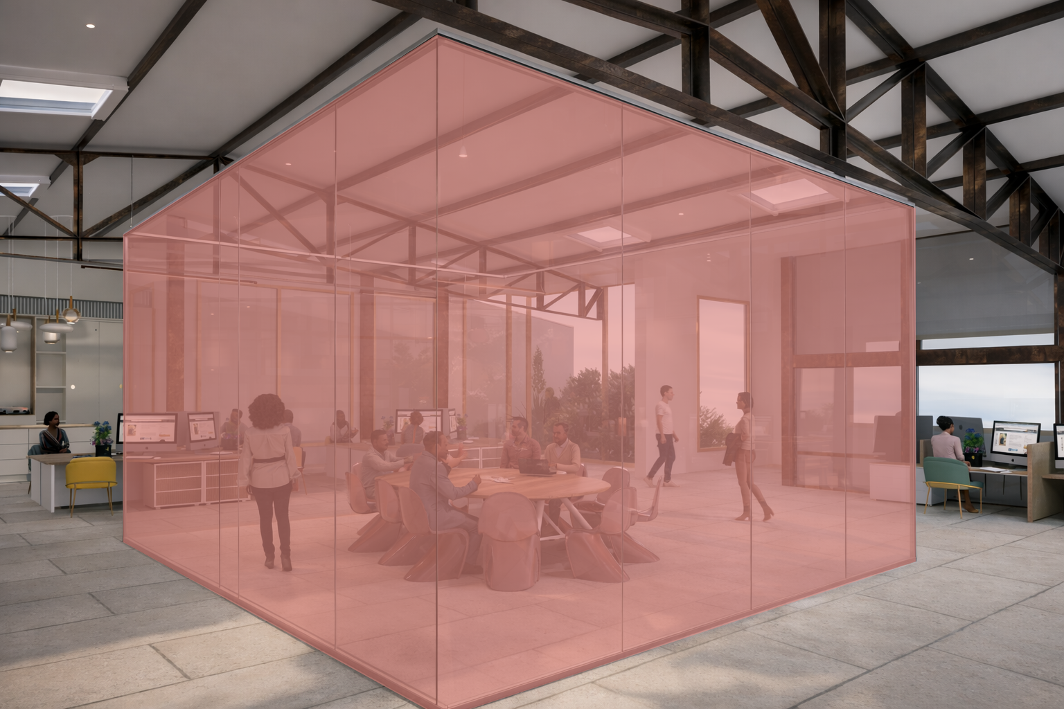 Salle de réunion cloisonnée par des parois de verre teinté rose au cœur d’un plateau, charpente métallique apparente et espace de coworking ouvert tout autour