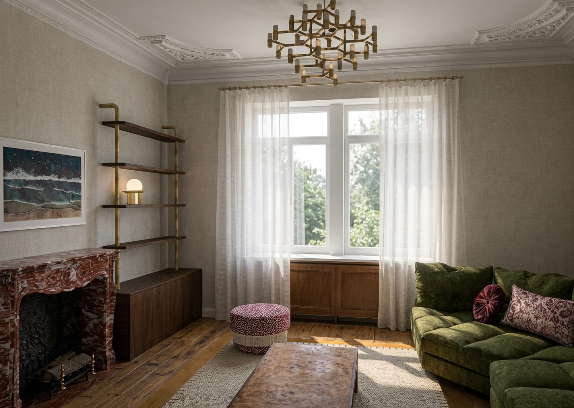 Salon lumineux aux rideaux voilés, cheminée en marbre rouge, canapé vert olive et étagères murales en bois et laiton sous moulures anciennes