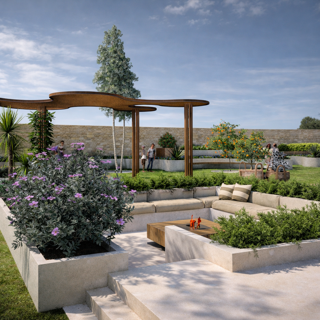 Jardin paysager avec pergola en bois aux canopées ondulées, massifs fleuris, banc en tasseaux courbe et muret en pierre