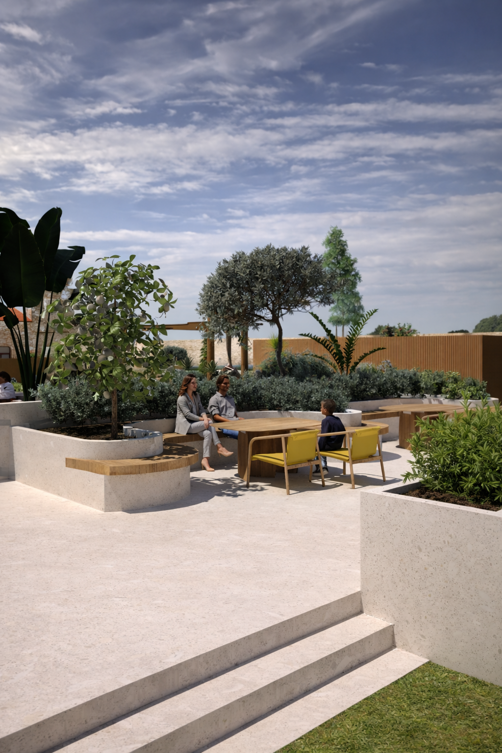 Terrasse-jardin aménagée en salon d’extérieur : table en bois et fauteuils jaunes, banquettes en pierre et bois, oliviers et agrumes en pot